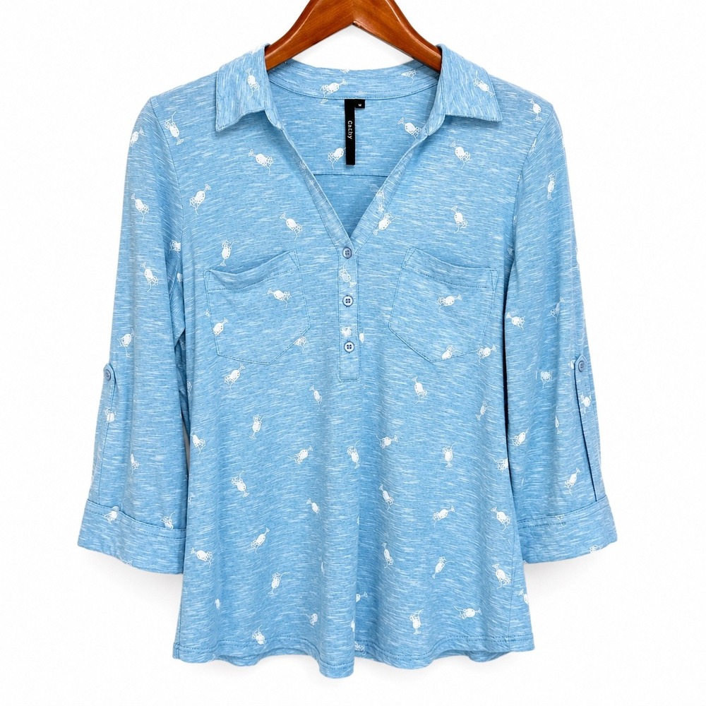 Cathy Womens Blue Cocktail Print Slub Knit 3/4 Sleeve Button Tab Top Medium